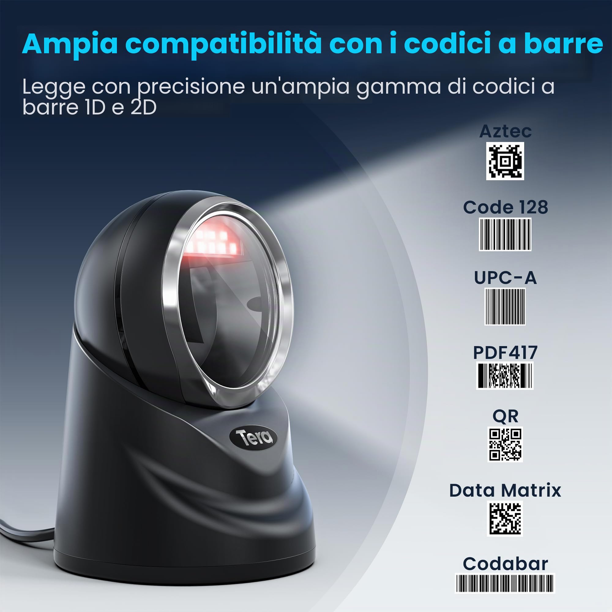 Tera Desktop 1D 2D QR Barcode Reader Cavo USB cablato Omnidirezionale Scanner Lettore di Codici a Barre per Data Matrix PDF417 per il Pagamento tramite Smartphone, Modello 9100