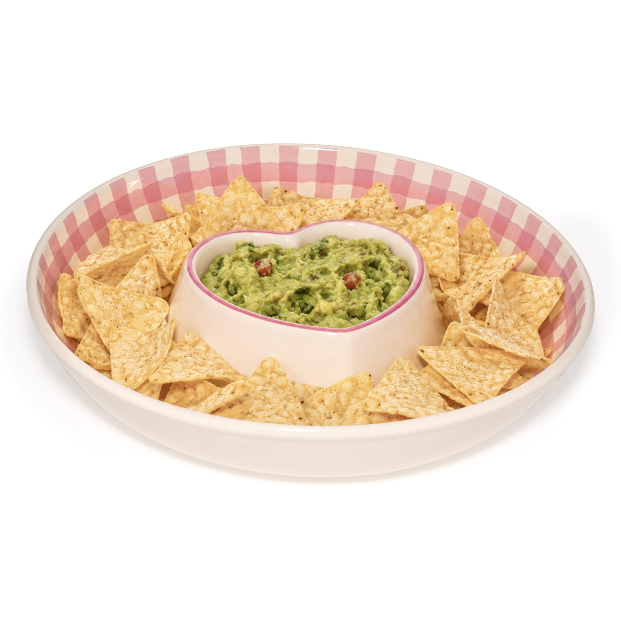 Paris Hilton Chip and Dip Serving Tray, Finely Crafted Stoneware with Heart-Shaped Dipper, Gingham Design, Microwave and Dishwasher Safe, 12-Inch, Pink