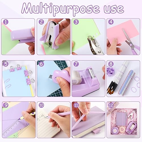 Miniatura 5 de Accesorios de escritorio morados 14 en 1, regalo morado para mujeres, suministros de oficina morados con caja de regalo, grapadora, dispensador de