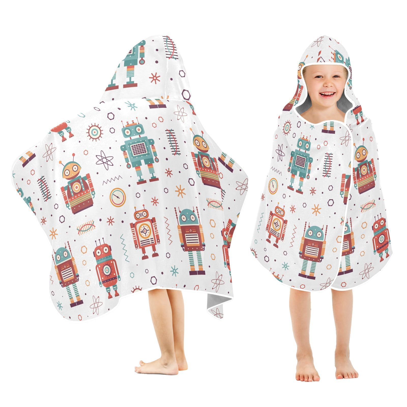 susiyo Kids Hooded Bath Towel Vintage Robots Beach Towel for Kids 23.5 x 50 Inch Microfiber Soft Absorbent Quick Dry Bath Swim Pool Towel Wrap Poncho Bathrobe with Hood for Kids Toddler