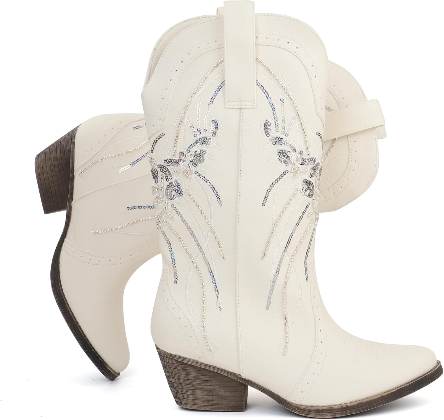 JABASIC Women's Mid Calf Western Cowboy Boots Pointed Toe Sequin Embroidered Chunky Heel Cowgirl Booties
