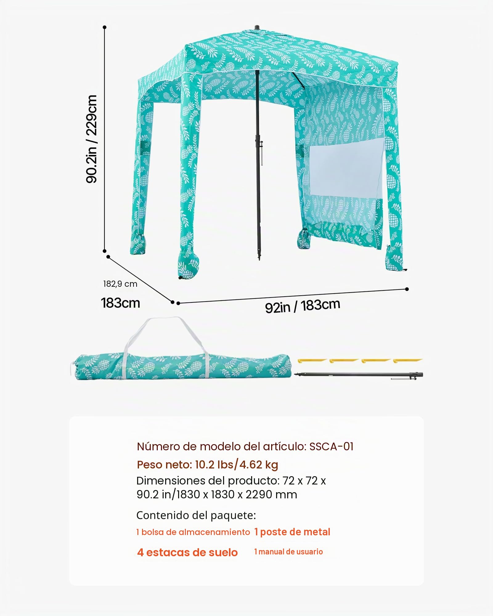 VEVOR Cabaña de Playa con Toldo Lateral, Ligero y Portátil, Protección Solar UPF 50+, Sacos de Arena y Sombrilla Portátil para Toda la Familia y Amigos, Rayas Verde Claro, 1830 x 1830 x 2290 mm