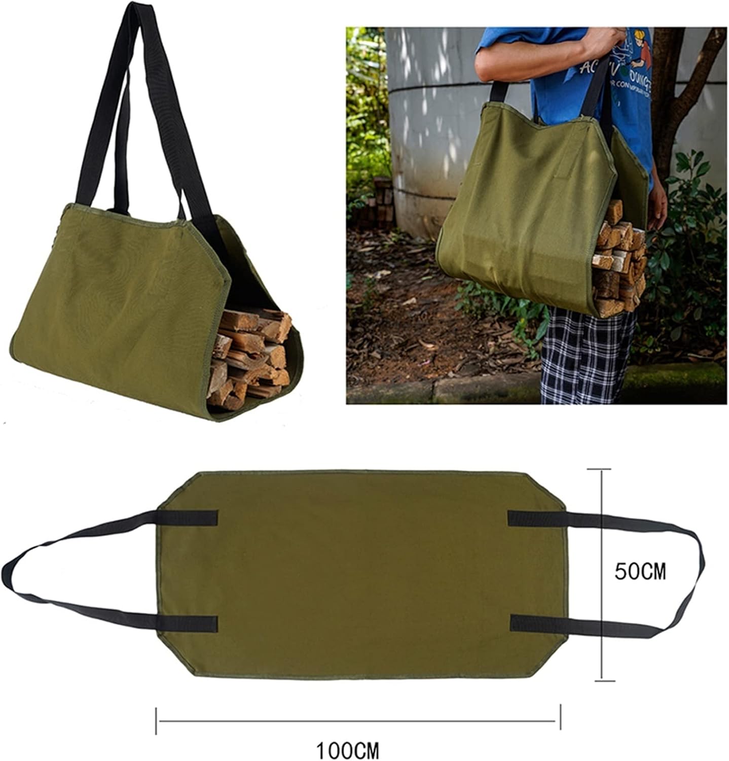Canvas Log Carrier for Firewood Firewood Wood Log Carrier Bag Camping Firewood Collect Holder Bag Fire Place Assecories Firewood Storage (Green)
