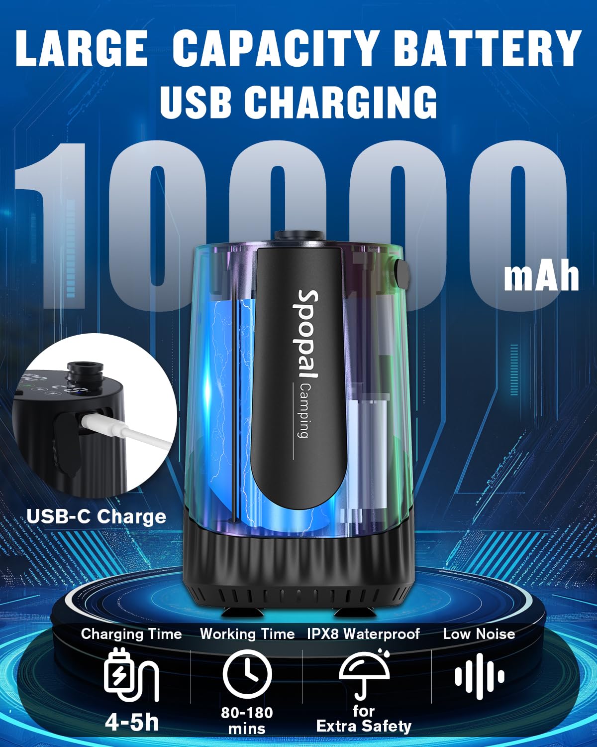 Spopal Przenośny prysznic kempingowy [10000mAh], IPX8 ładowalna pompa prysznicowa z 20L solidny zbiornik na wodę, wyświetlaczem LED temperatury wody i poziomu naładowania do podróży, samochodu, plażę