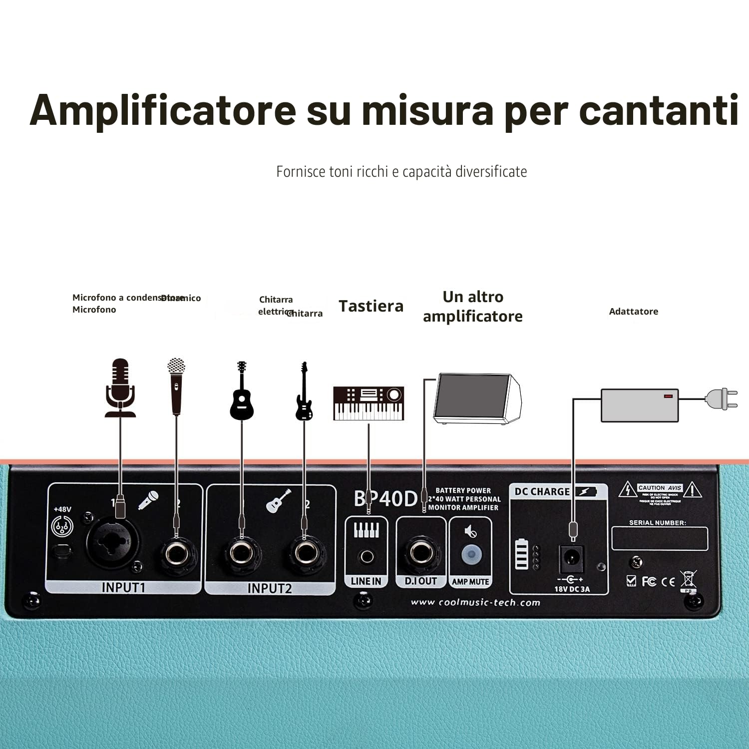 Coolmusic BP40D 80w Amplificatore per chitarra acustica ricaricabile 6 ingressi