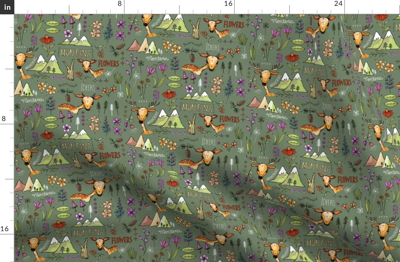 Spoonflower Fabric - Wild Deer Forest Wilderness Mountains Adventure Flowers Printed on Organic Cotton Sateen Fabric by The Yard - Sewing Quilting Apparel Home Decor