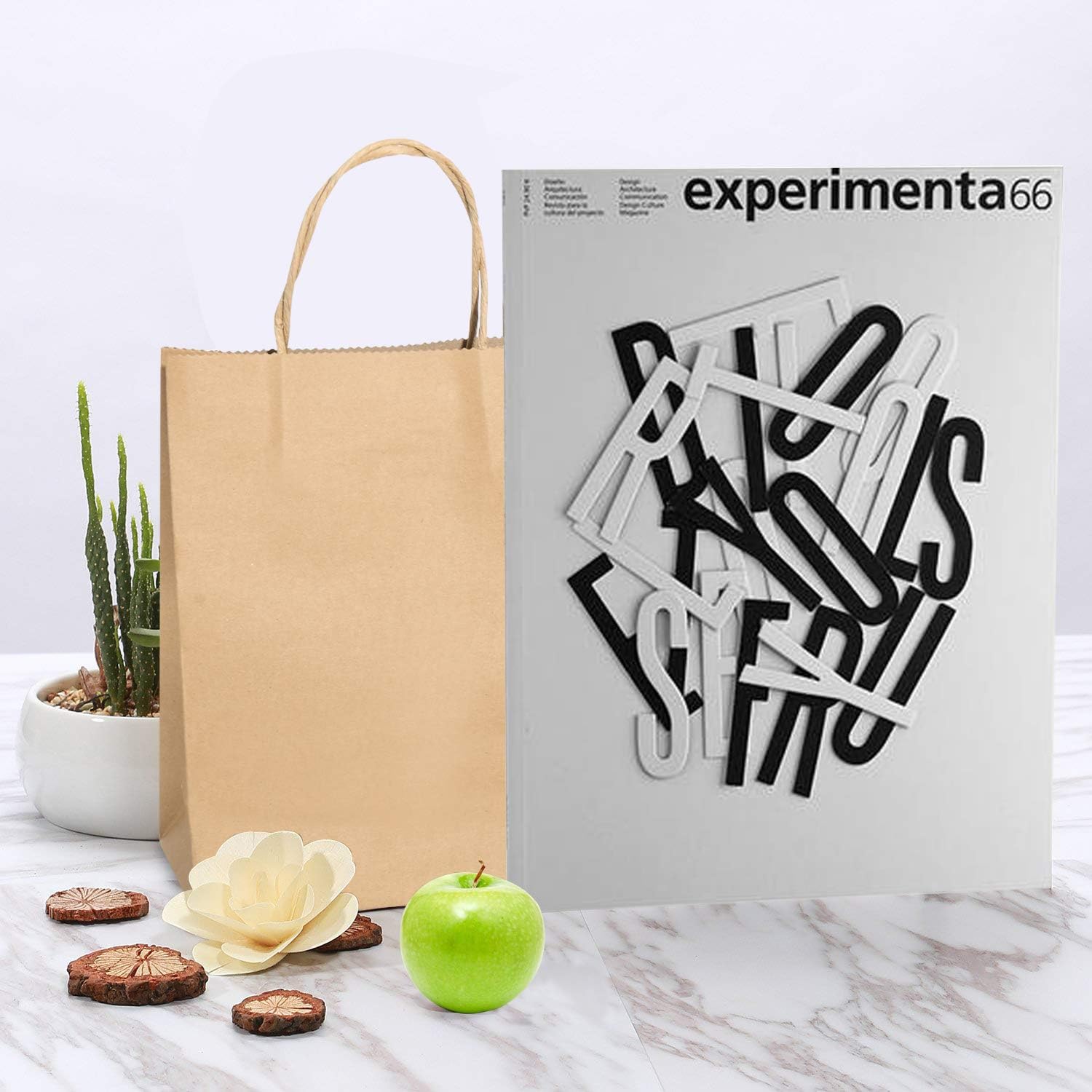CAYUENG 100PCS Kraft Paper Bags (5.25 x 3.75 x 8”), Reusable Brown Paper Bags Environmentally Friendly Candy Gift Bags with Handle for Retails, Grocery, Shopping Wedding, Parties