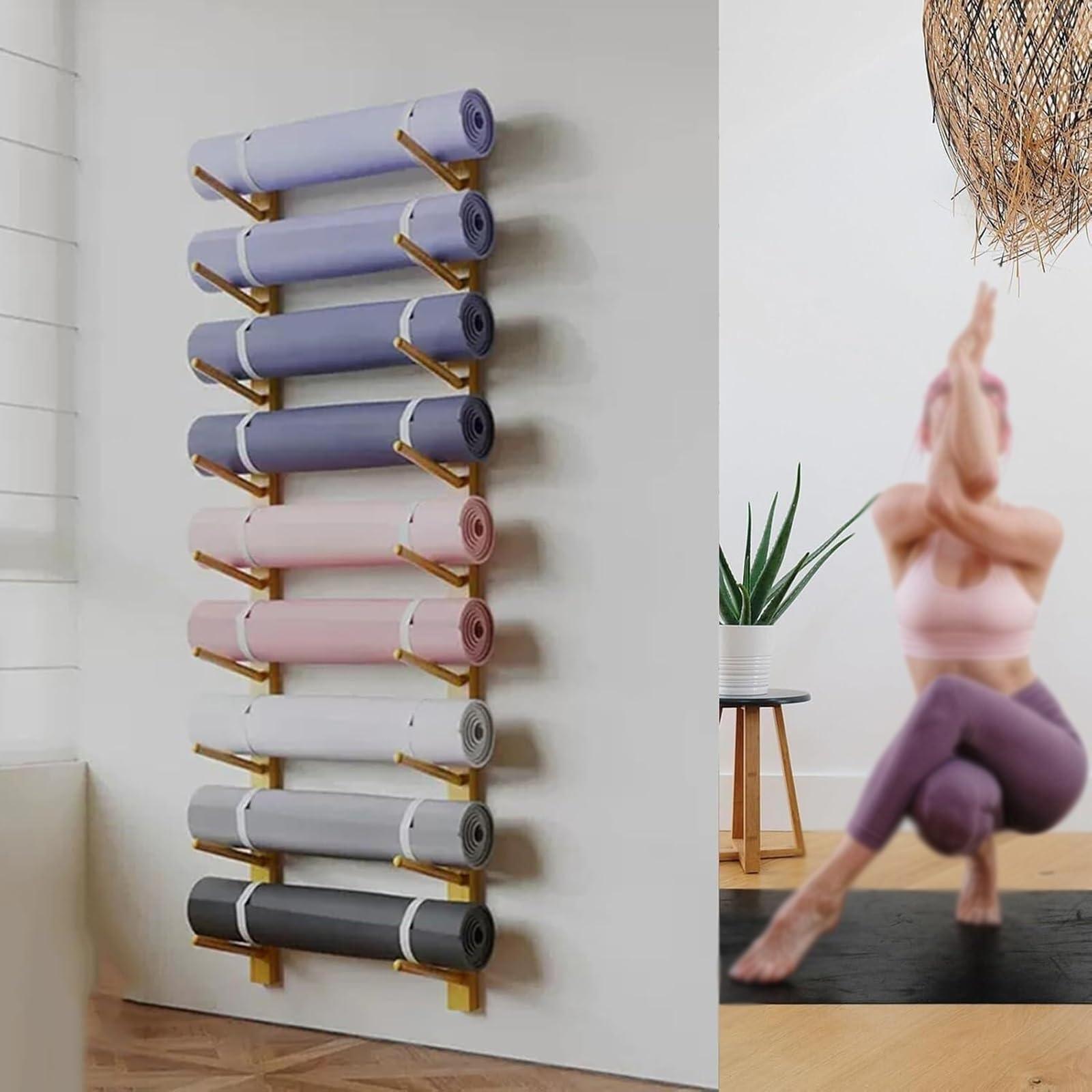 9-Layer Wooden Foam Roller Storage Rack Large Wall Mounted Yoga Mat Holder Gym Organization Shelf Home Gym Studio Yoga Display Holder for Yoga Studio, gym, Home, School