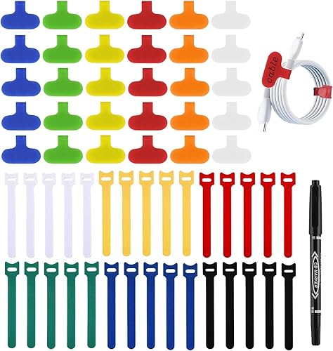 Paquete de 60 etiquetas reutilizables para cables y organizador de cables, etiquetas de alambre codificadas por colores con marcador + 30 lazos para