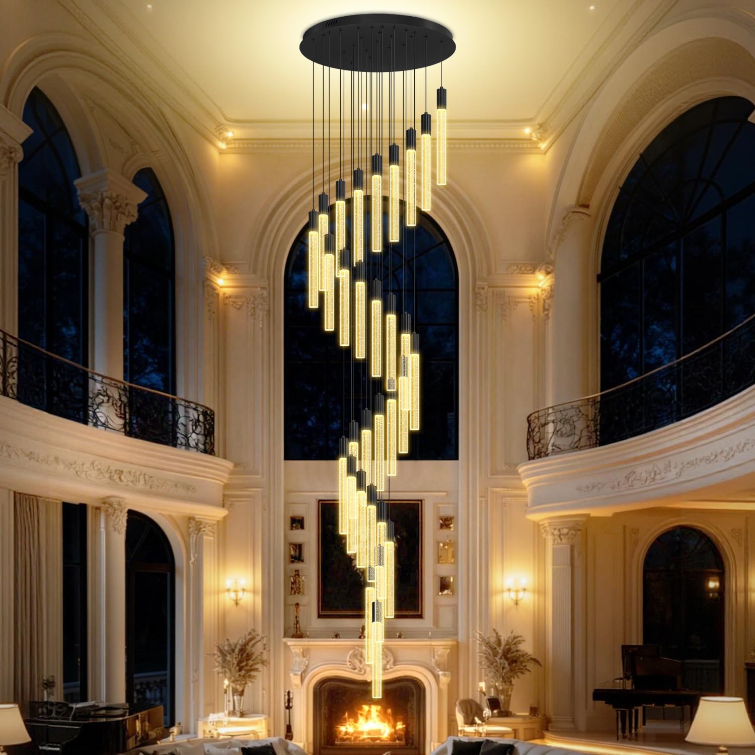 Modern 4-Light Gold Crystal Column Pendant Light Rectangular Crystal Chandelier LED Hanging Light for Dining Room Living Room, Hallway, Bedroom