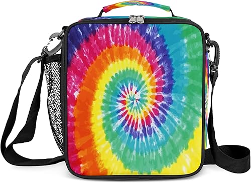 TropicalLife Fiambreras para niños, bolsa de almuerzo aislada para niños con correa de hombro ajustable, colorida lonchera escolar de teñido anudado