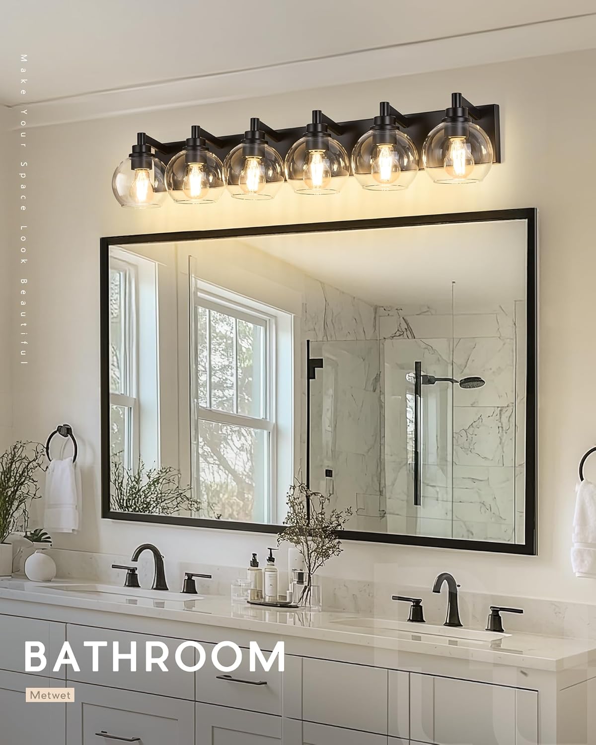 Bathroom Light Fixtures, 6 Light Matte Black Vanity Light, 38 Inch Modern Wall Sconces with Globe Clear Glass Shade, Vanity Lighting Fixtures Over Mirror, VL195-MB-6