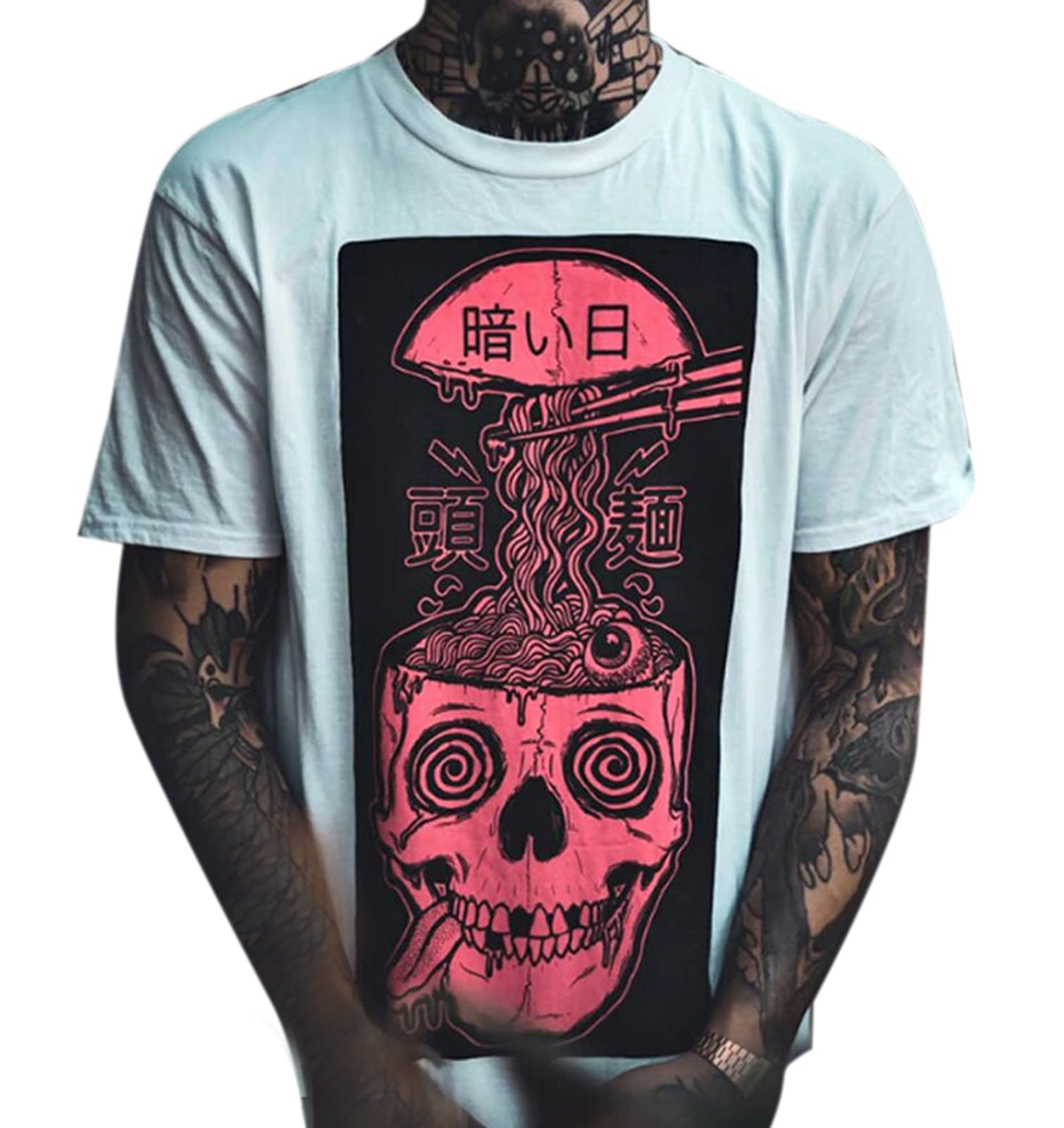 Kewing Men's 1G Skull Short Sleeve T-Shirt Loose Cartoon Anime Casual Skull Print T-Shirt