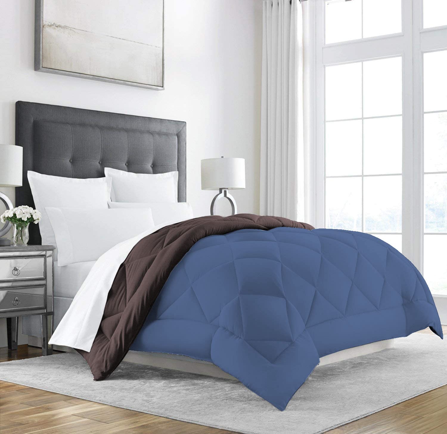 All Season Microfiber -Reversable Duvet/AC Comforter/Quilt - Brown Dark Blue - Single Size 60 Inch x 90 Inch-image-9