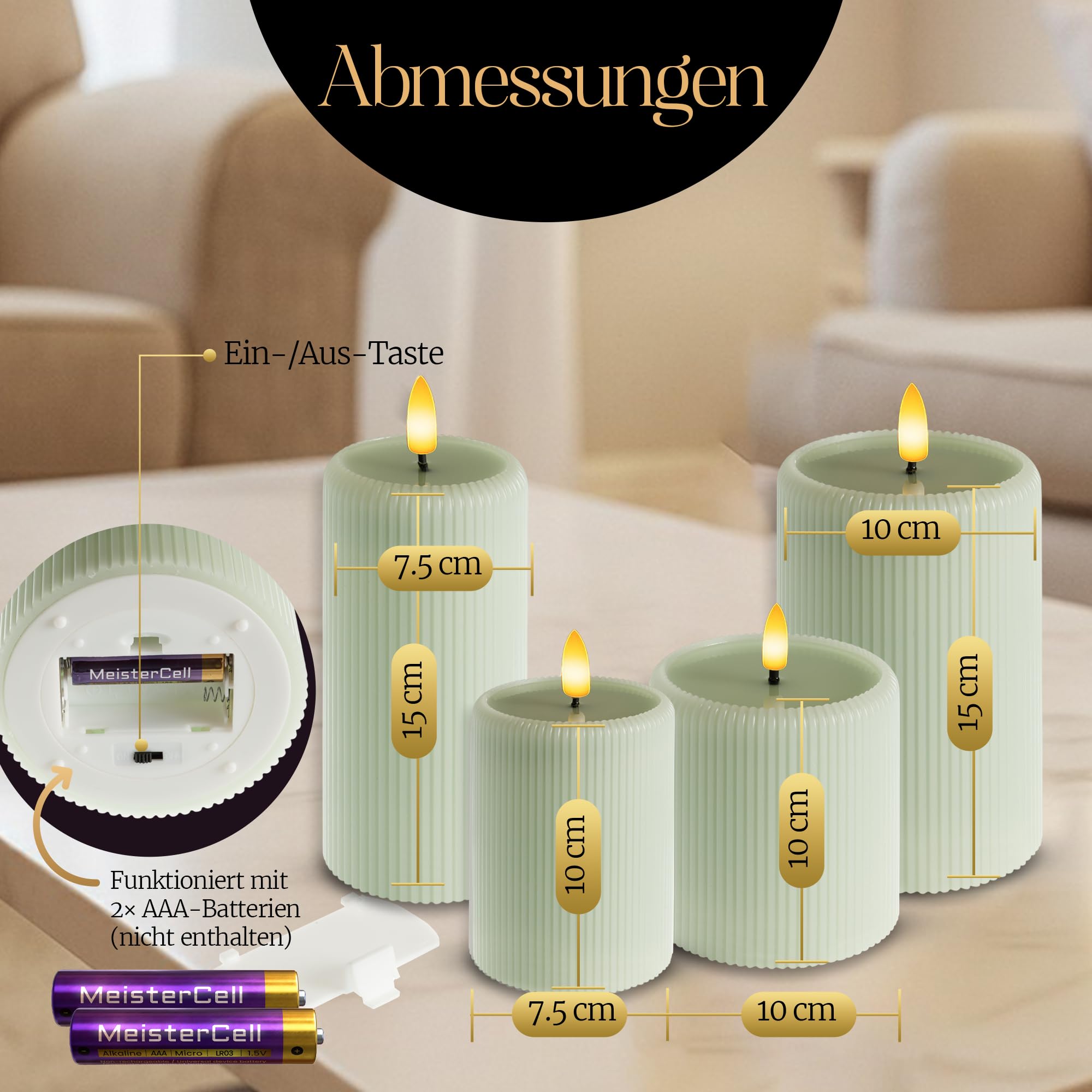 Meisterhome® LED-Kerzen 4er-Set Sage - Flammenlos – Stumpenkerzen mit Fernbedienung & Timer – batteriebetrieben – warmweißes Licht – Ø 7,5/10 cm, Höhe 10/15 cm – Riffel-Design – flackernde Flamme