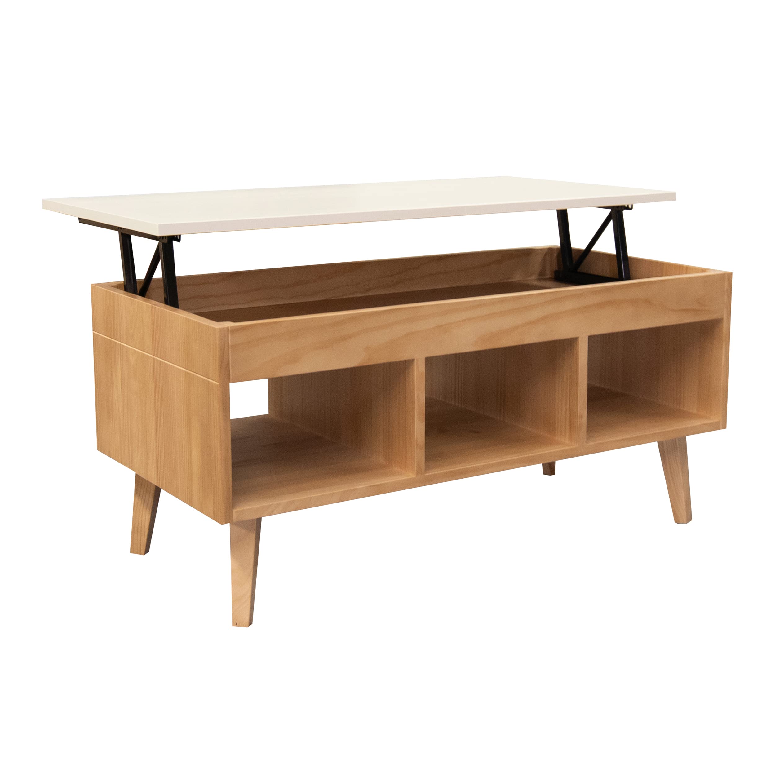 LoMasCasa - Mesa de Centro Salón Elevable Colección Karla 11 en Madera Maciza de Pino Natural Ecológica Estilo Nórdico en Color Madera y Blanca con Tres Huecos y Medidas 100x50x47 cm