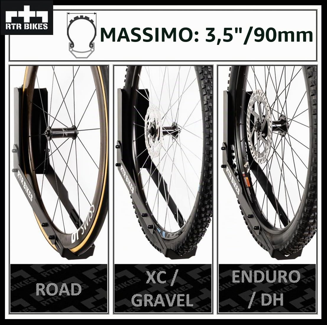 RTR BIKES Kranked Twist Gancio Bici Muro Girevole – Supporto Parete Verticale Ruotabile 180° – Per E-Bike e MTB fino a 30kg – Ruote 24-29" e Gomme 3,5" – Made in EU