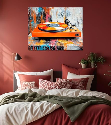 Miniatura 2 de Yeesjoee Vinyl Record Wall Art Graffiti Canvas Print Minimalist Cassette Tape Orange Turntable Player Music Retro Modern Painting Decor for Teen