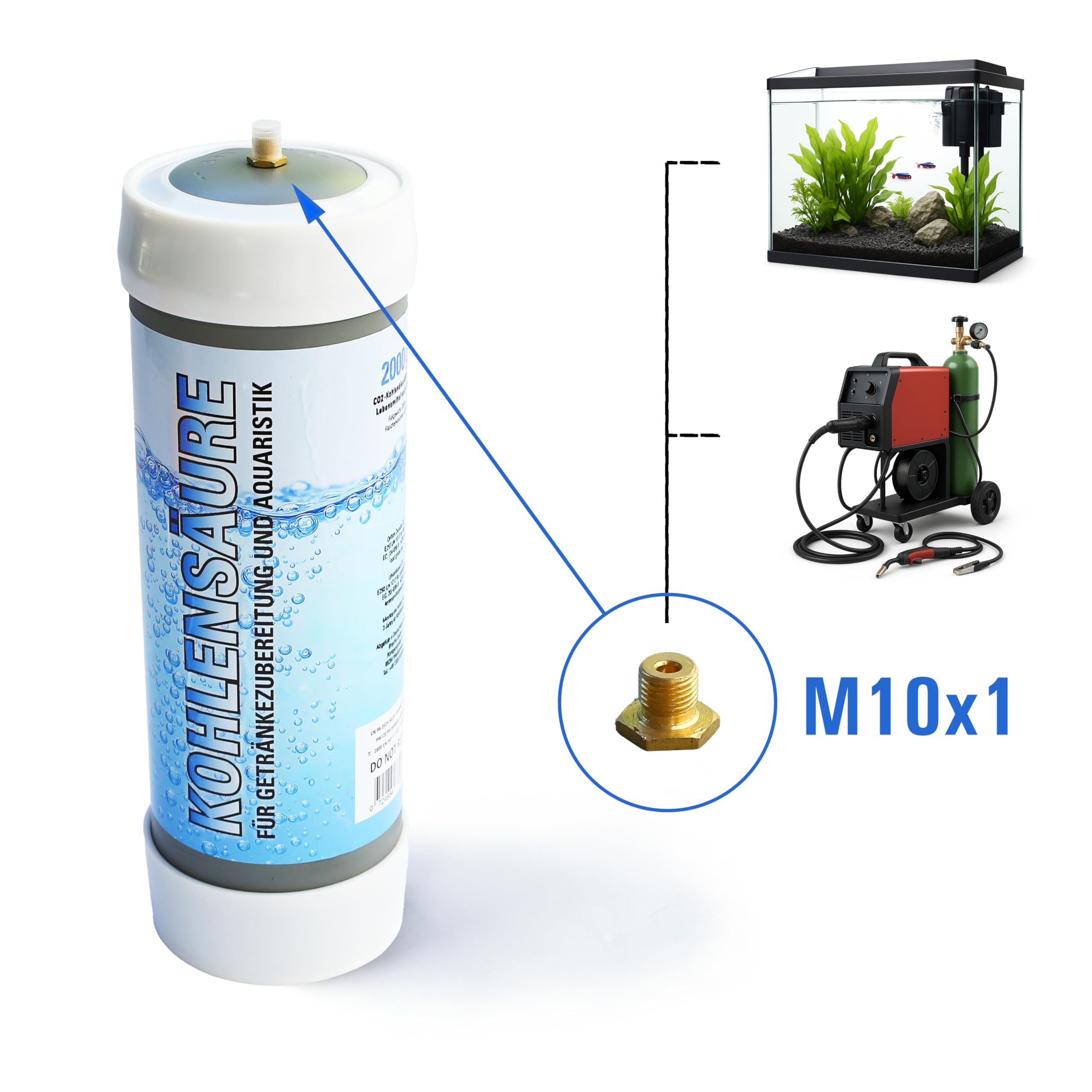 CO2 Einweg Flasche 2 x 2000g CO2 Kohlendioxid Kohlensäure mit Gewinde M10x1 passend für JBL Druckminderer Aquaristik