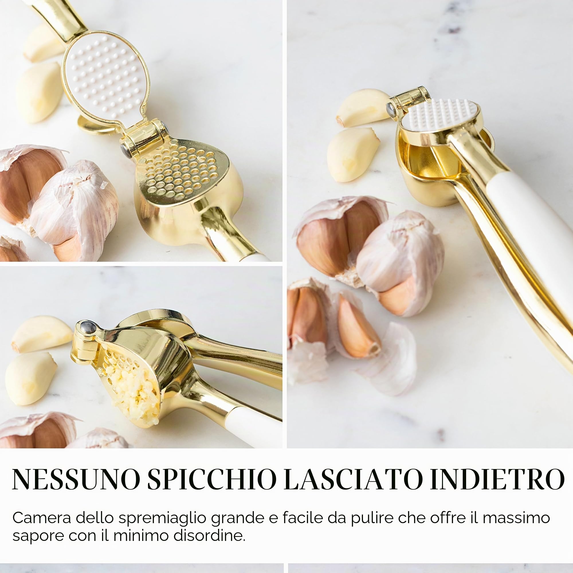 Styled Settings Set di utensili da cucina bianchi e dorati, 8 pezzi | Il set di utensili da cucina include apriscatole, pinze e spremiaglio, accessori da cucina bianchi e oro per la cucina