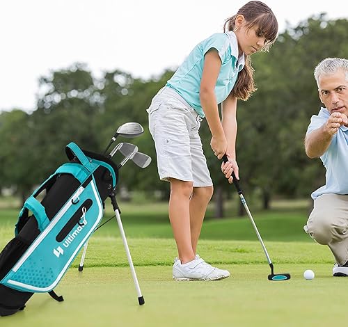 Miniatura 9 de Tangkula Juego de palos de golf para niños para mano derecha, juego completo de palos de golf junior con conductor #1 de 300CC y hierros y putter