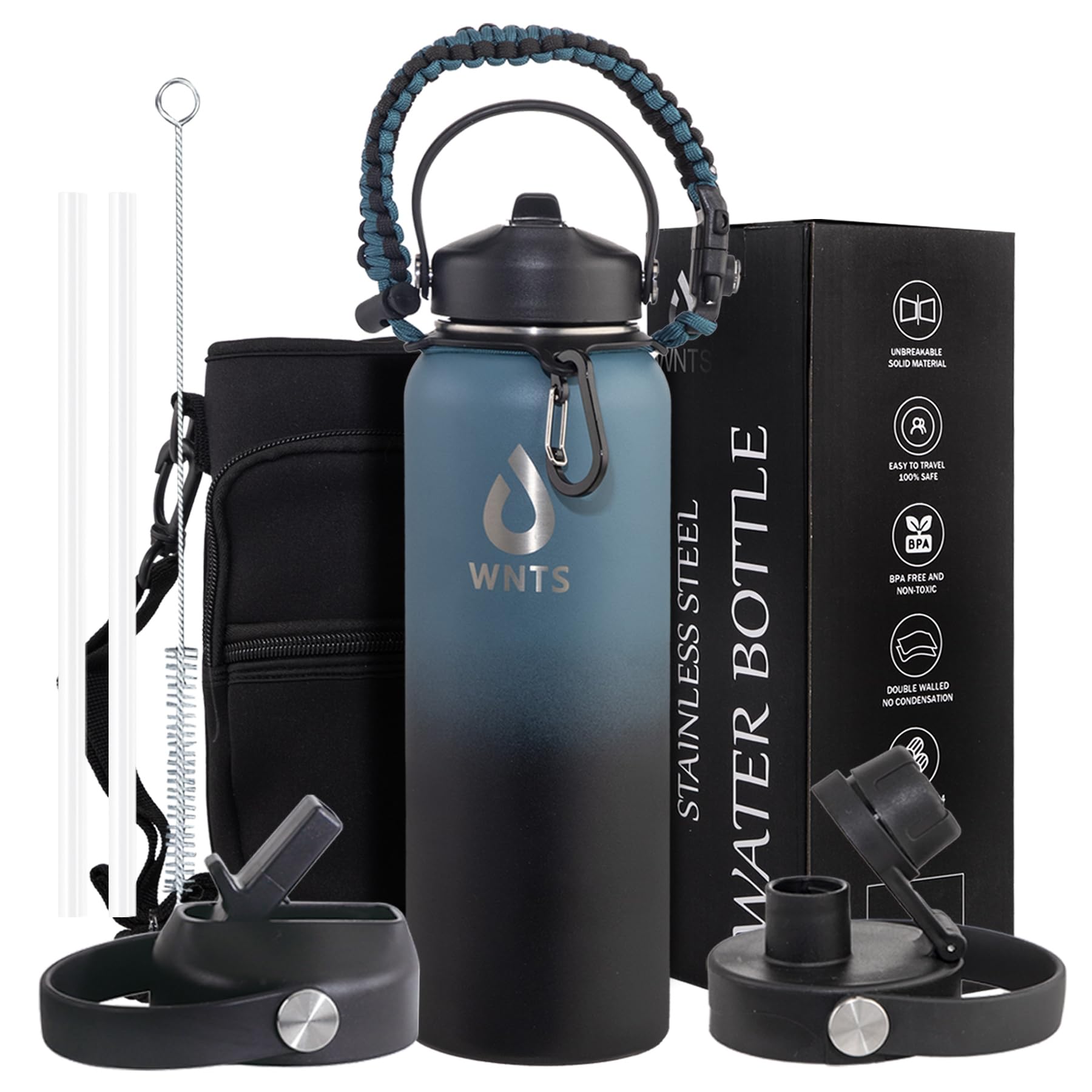 WNTS Water Bottle 40oz Insulate with Straw&Brush Stainless Steel Water Bottle 2 Lids - Double Wall Travel Water Bottle with Carrying Pouch&Carrying Loop for Sports,Gym,Office