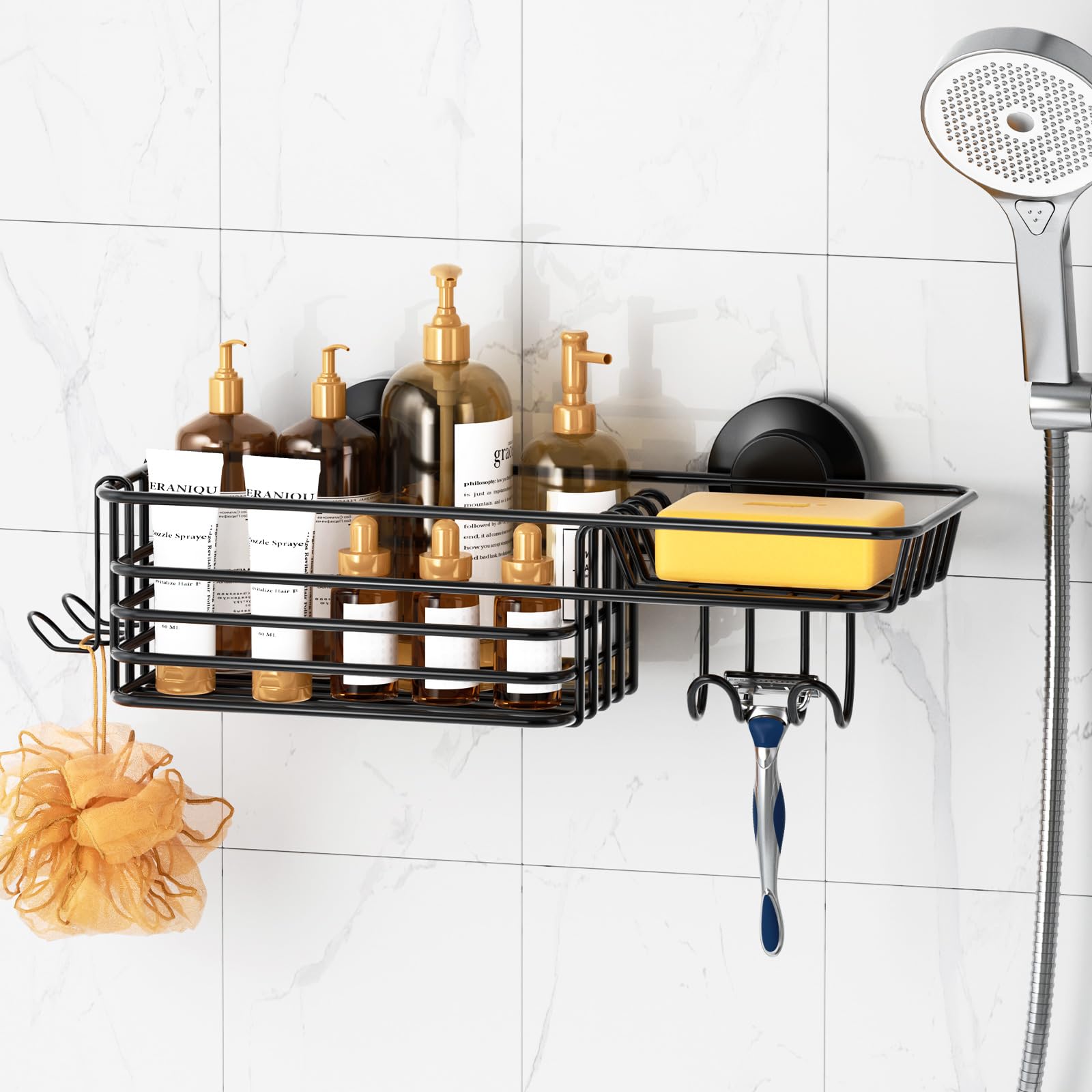 LEVERLOC Shower Caddy Suction Cup, Shower Shelf with Hooks & Soap holder for Inside Shower, NO-Drilling Bathroom Shower Organizer, Rustproof Metal Shower Holder Storage, Black