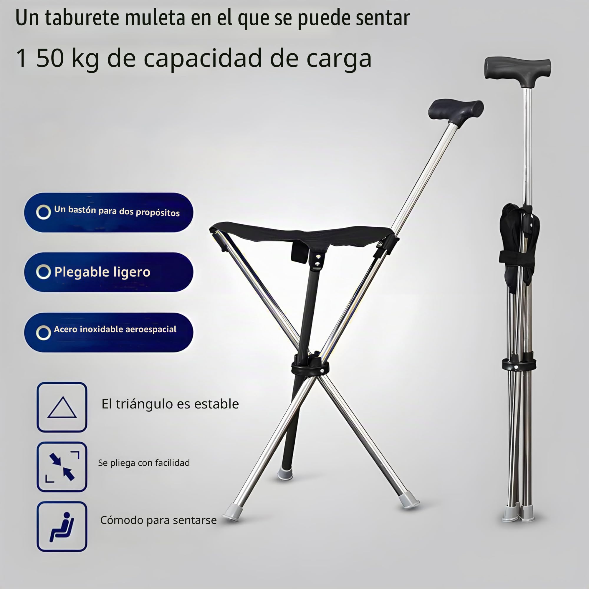 Asiento plegable 2 en 1, muletas con asiento, fabricado en acero inoxidable con una capacidad de peso de hasta 150 kg, está diseñado para ser ligero y portátil