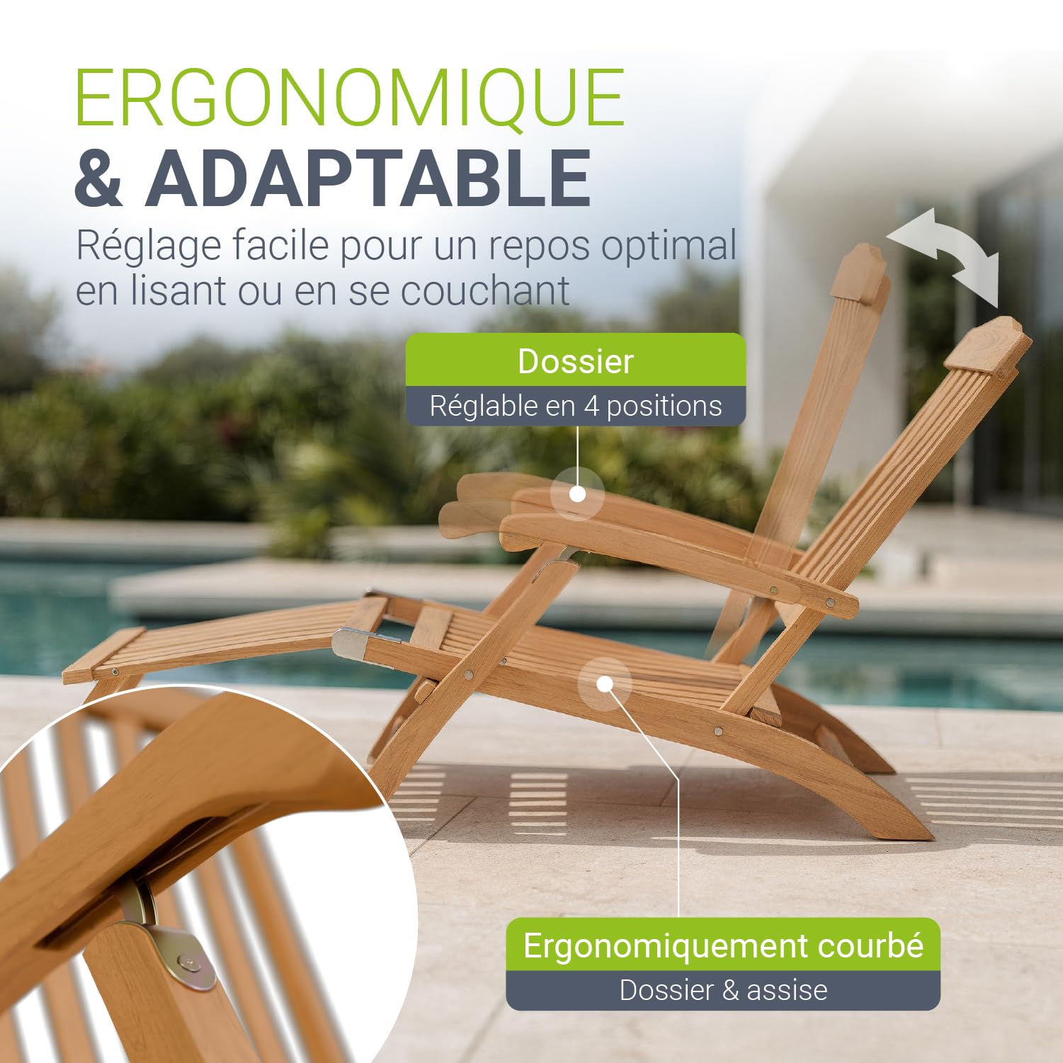 Juskys® Chaise Longue Evia - Pliable pour Le Jardin et la terrasse, en Bois d'acacia huilé pour Un Aspect Naturel et Une Longue durée de Vie, 196 x 54 x 95 cm, Couleur Naturelle
