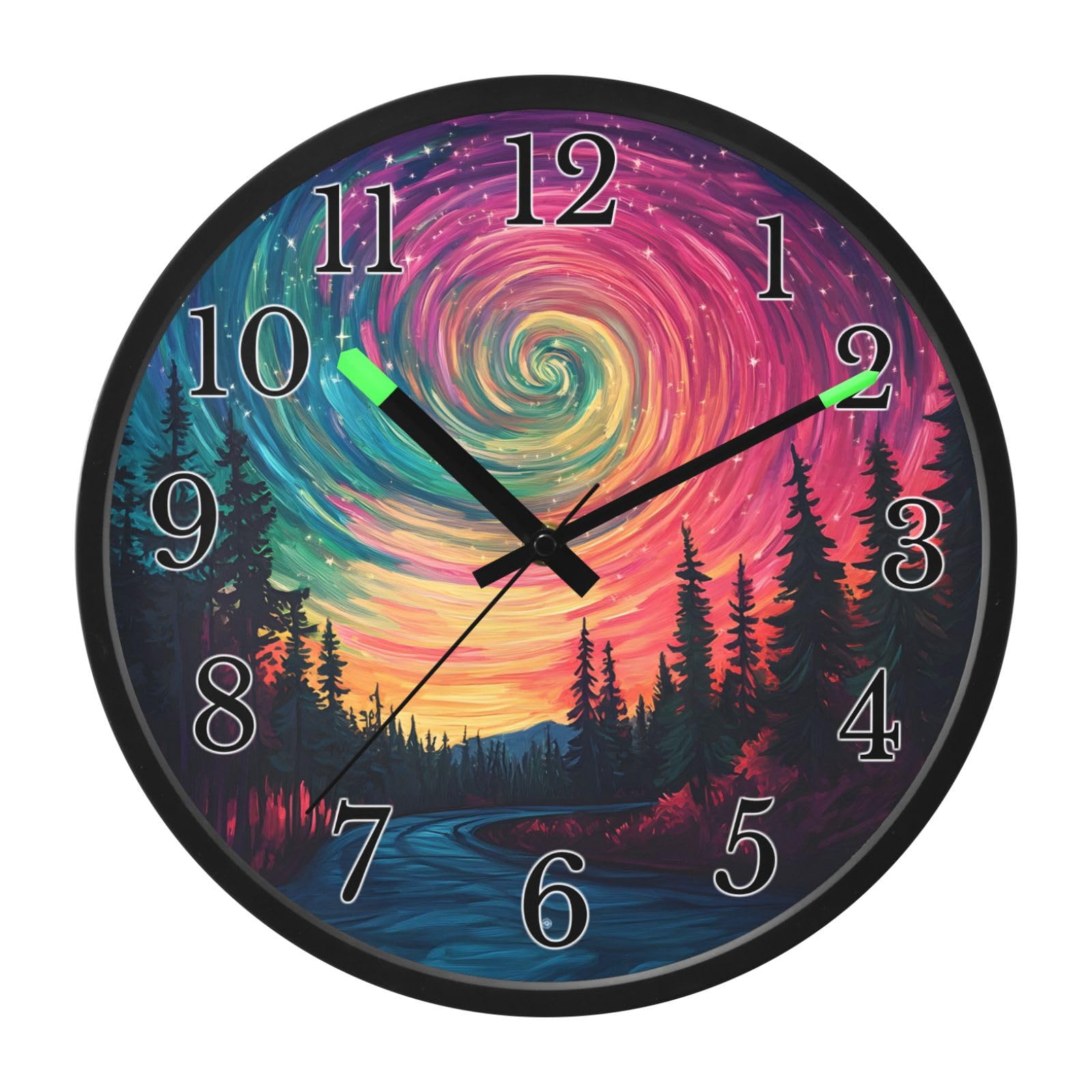 Mnsruu Star Swirl Road Forest Night - Reloj de pared luminoso para dormitorio, funciona con pilas, silencioso, brilla en la oscuridad, para sala de estar, cocina, 12 pulgadas