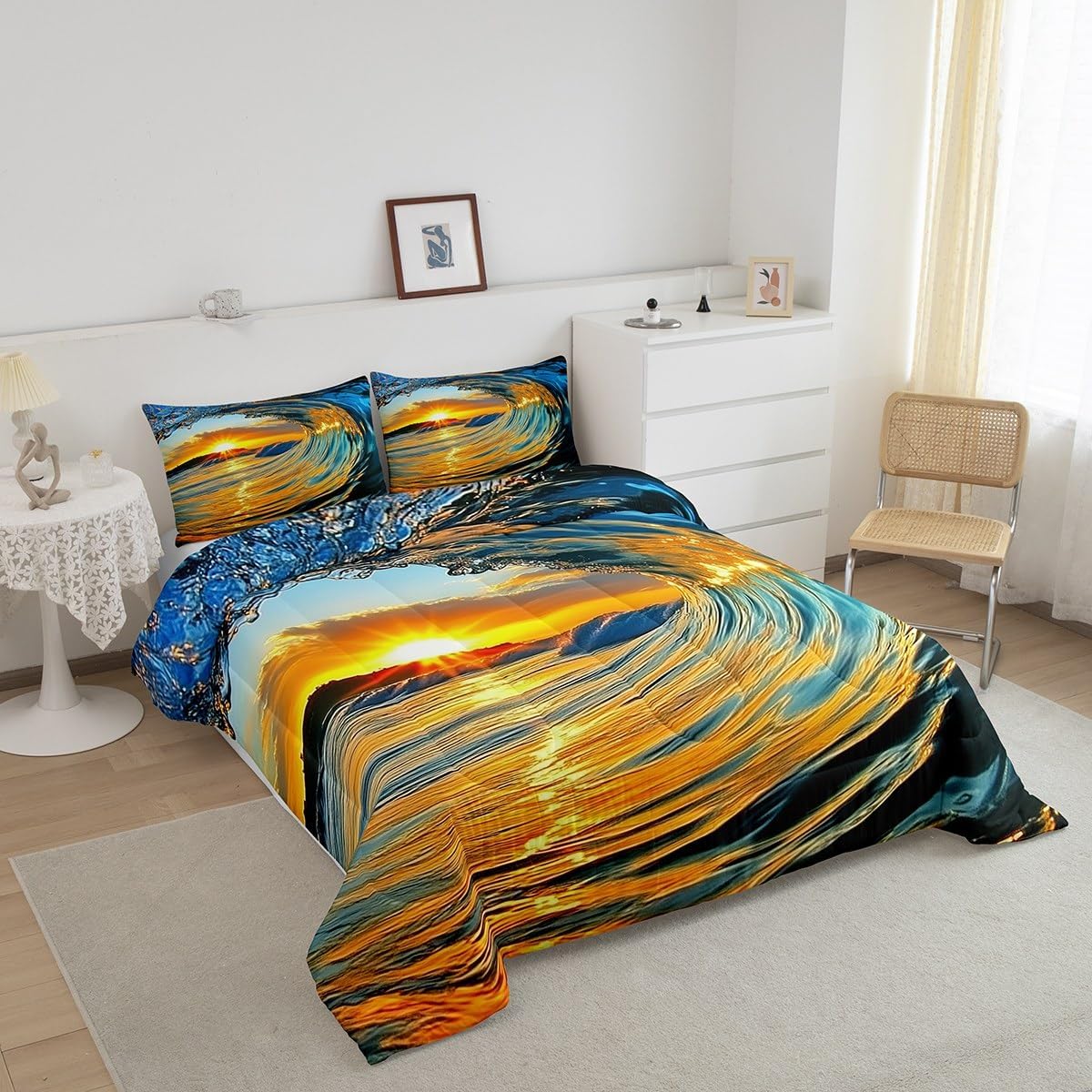 Feelyou Ocean Waves Comforter Set Queen Size Seaside Sunset Bedding Set Kids Boys Girls Ocean Sea Coastal Nature Pattern Comforter Summer Beach Holiday Vacation Quilt Set