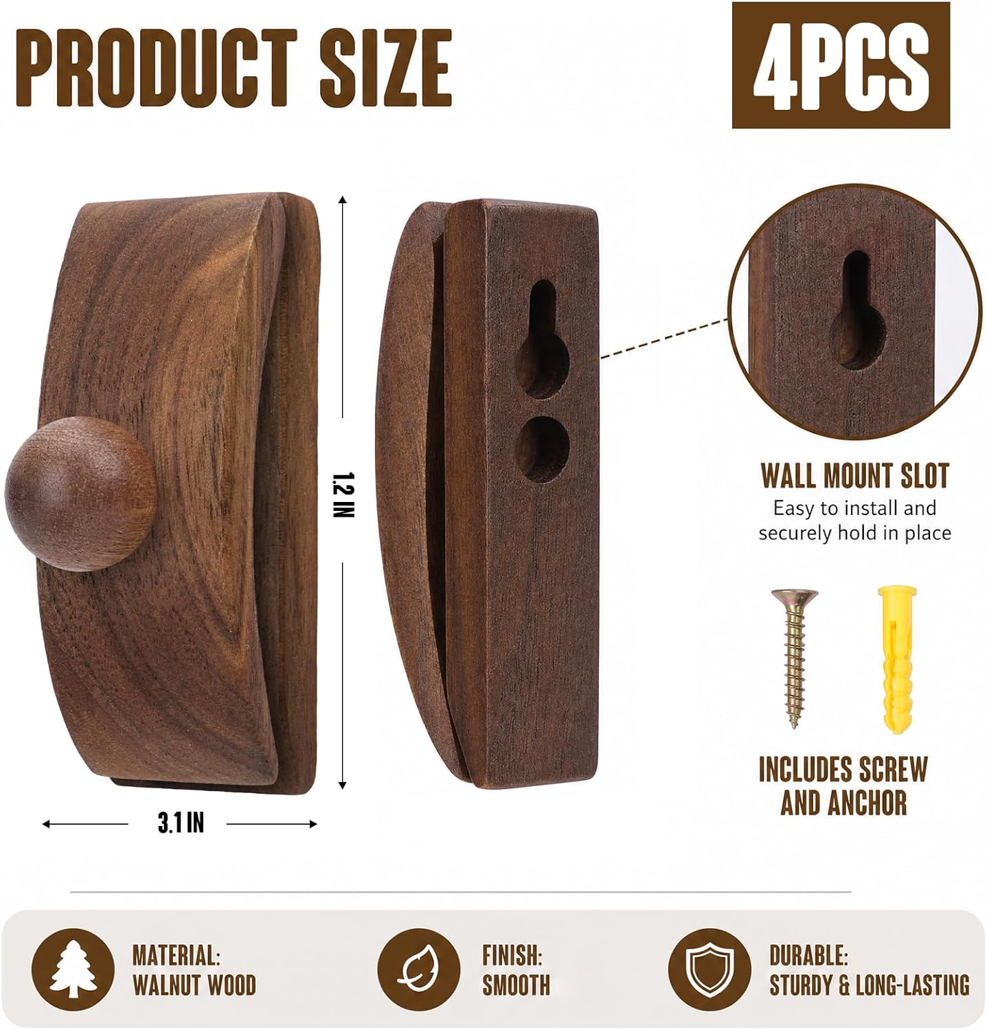 Sokfone 4 Pack Solid Walnut Wood Tapestry Hangers for Walls, Quilt Hanger with Clips for Display, Wall Mounted Boho Wall Art Hanging Rod for Rugs, Fabric Art, Blanket Display & Home Decoration