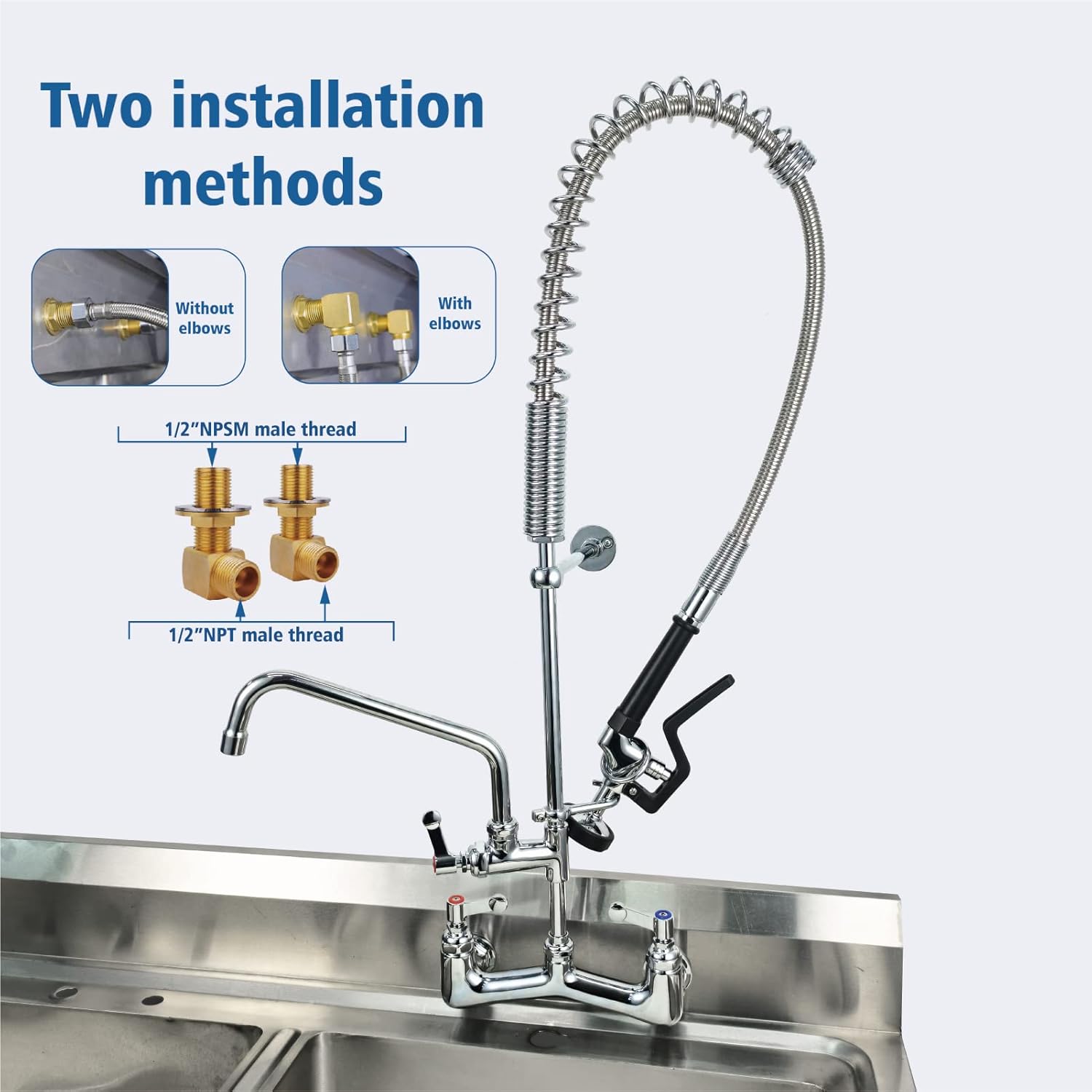 Wall Mount Faucet with Sprayer Prerinse Commercial Faucet with Sprayer 38 Inch Height 8 Inch Center Wall Mount Sink Faucet with 10 inch Add on Swing Spout Fit for Kitchen Sink