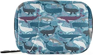 Seamless Whales Narwhal Blue, Beluga, White, Sperm Whale on Blue Pill Case with Removable Internal Plastic Boxes Organizer, Zippered Carrier Small Medicine Bag Holder, Travel Storage Container