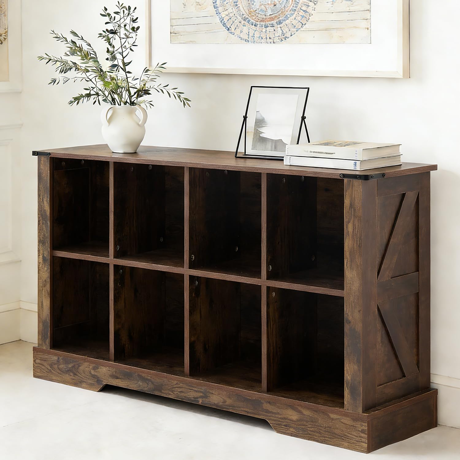 8 Cube Storage Organizer, 2 Tier Book Shelf with Led Lights, Farmhouse Book Shelves for Living Room, Horizontal Toy Storage Bookshelf, Wood Display Bookcase Cabinet for Bedroom, Office, Brown