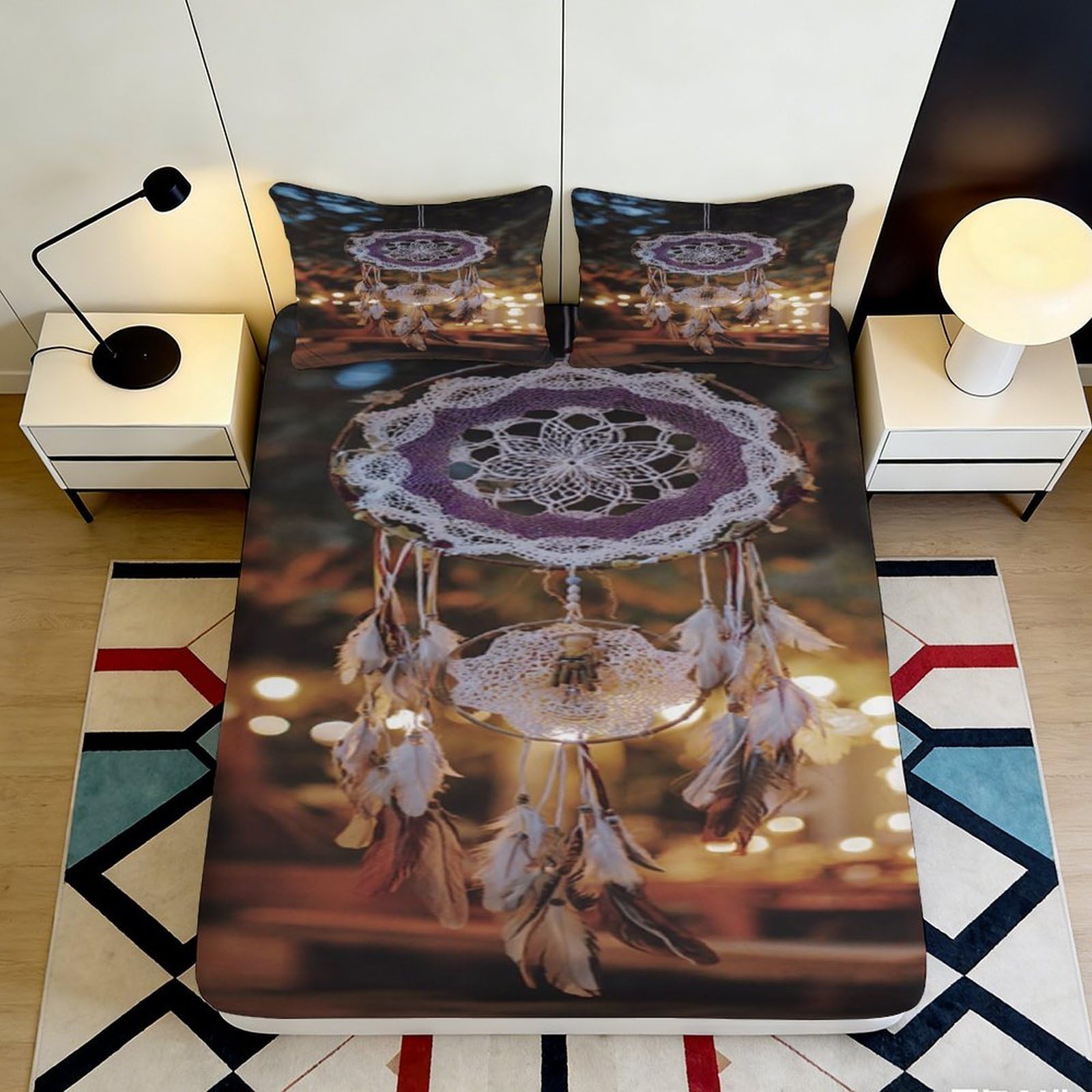 3D Printed Dreamcatcher Fitted Sheet Microfiber Soft Anti-Slip Boho Feather Bed Cover for Bedroom Decor 140x200x25cm