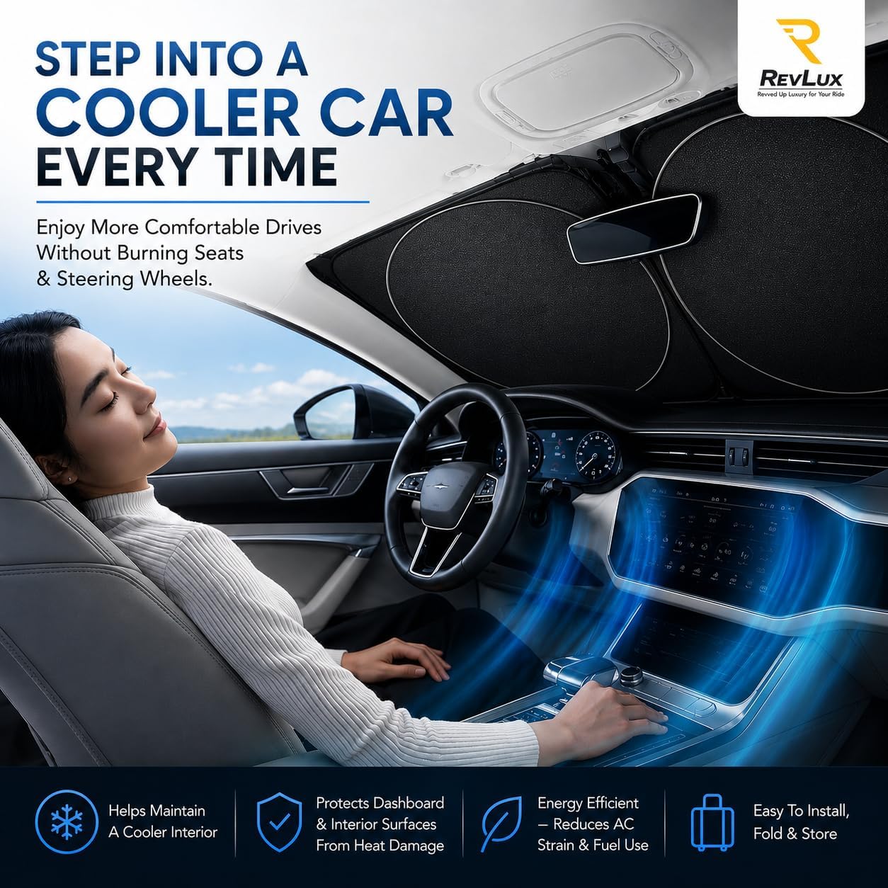 RevLux Car Windshield Sun Shade | Keeps Car Cooler in Extreme Heat, Blocks 99% UV Rays & Protects Dashboard | ZeroLight Thermal Shield Tech | Foldable Sunshade for Sedan SUV | Standard Fit — 59" × 31"