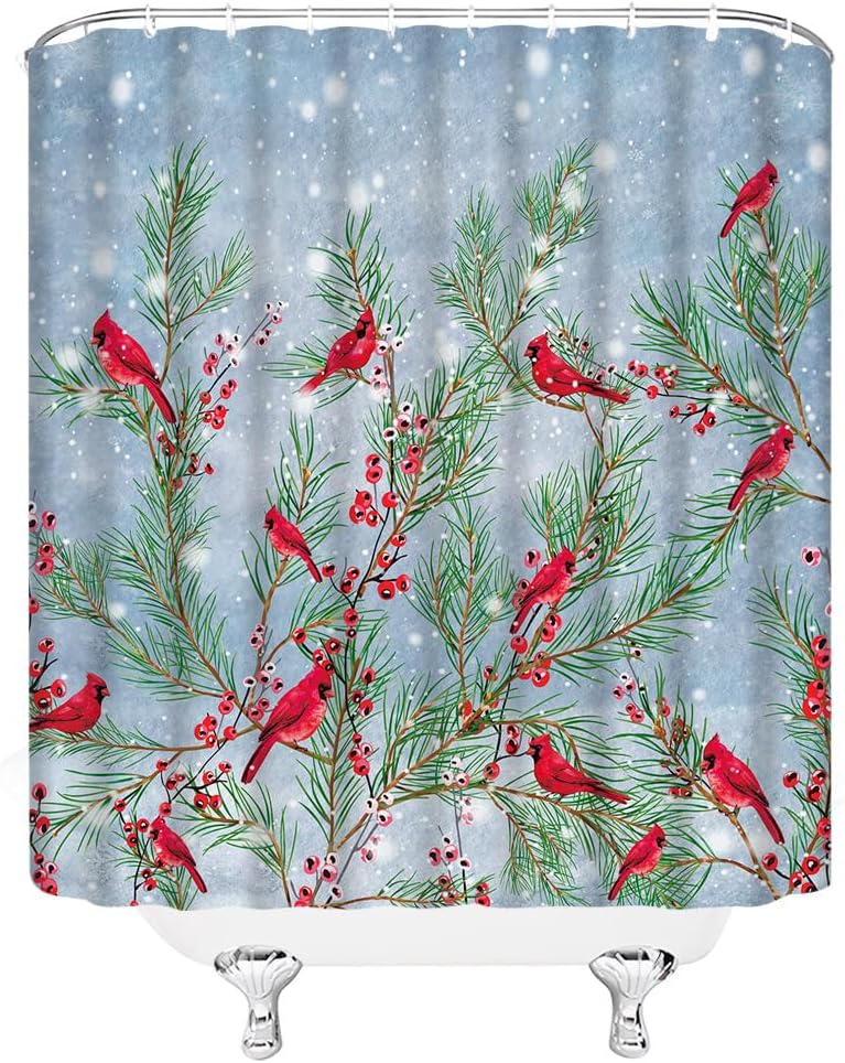 Winter Red Bird Shower Curtain Rustic Snowy Day Pine Tree Branch Xmas Bird Snowflake Berry Christmas Dreamy Holiday 70" Wx96 H Bathroom Decor Curtain with Hooks