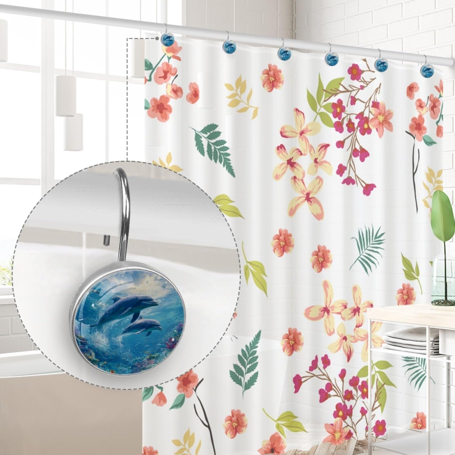 12 Pcs Shower Curtain Hooks, Undersea Dolphins Rustproof Decorative Metal Round Shower Curtain Hangers Rings for Bathroom Bedroom Living Room Rods