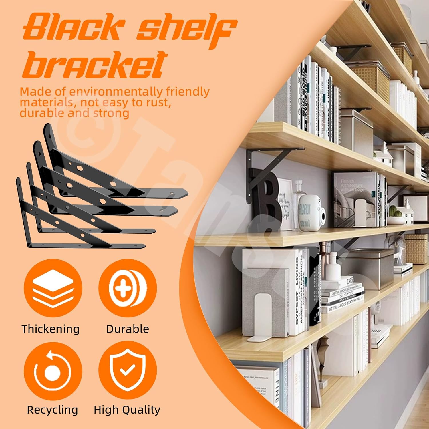Tanstic 4Pcs L Shelf Brackets Kit, Heavy Duty Shelf Support Bracket for Floating Shelf (8 inch-Black)