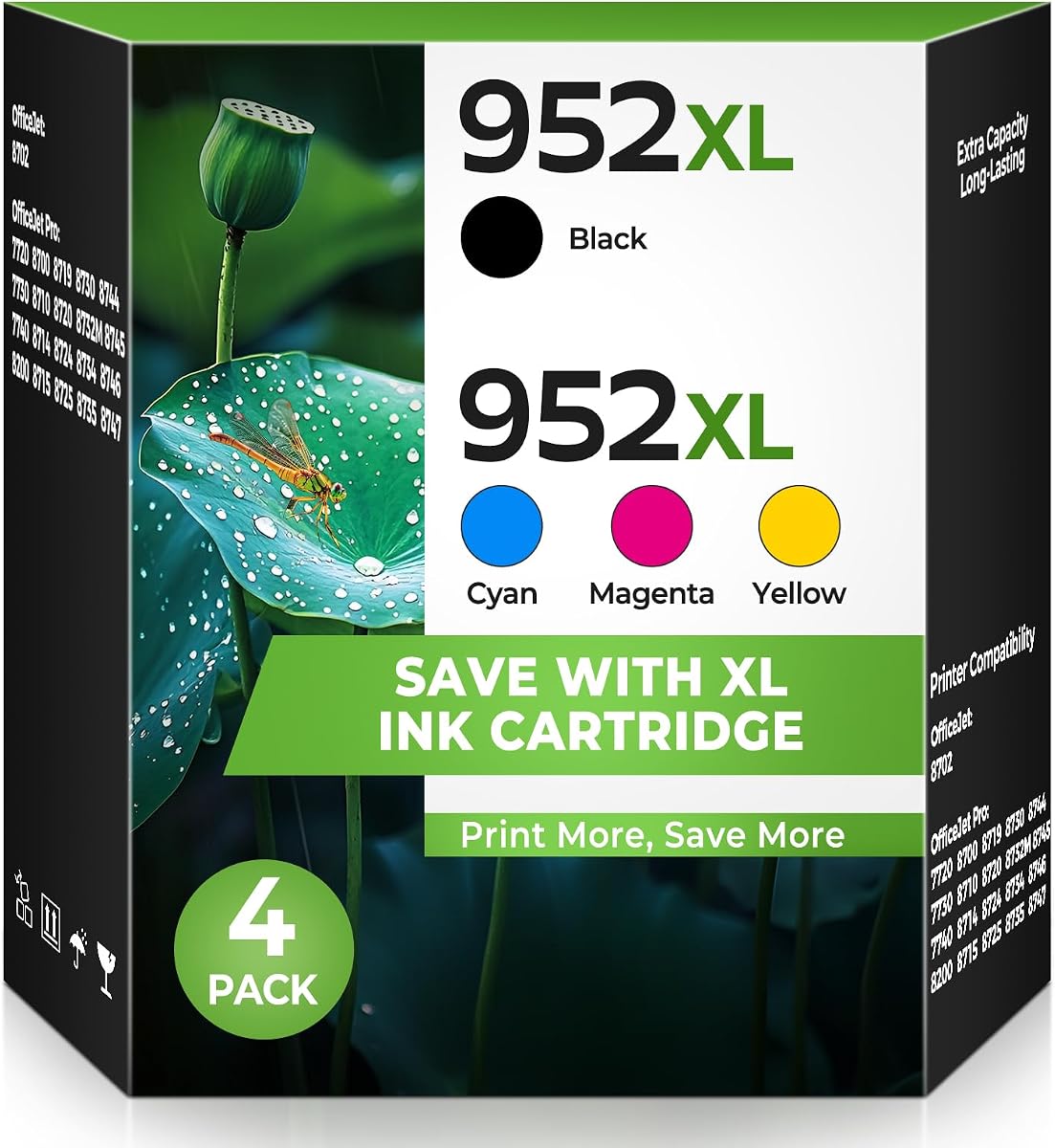 952XL Ink Cartridges Combo Pack for HP 952 XL 952XL HP952 Ink Cartridge | Work with OfficeJet 8702 OfficeJet Pro 8710 7740 8720 8702 8210 7720 8715 8730 8740 8216 Printer (BK/C/M/Y,4 Pack)