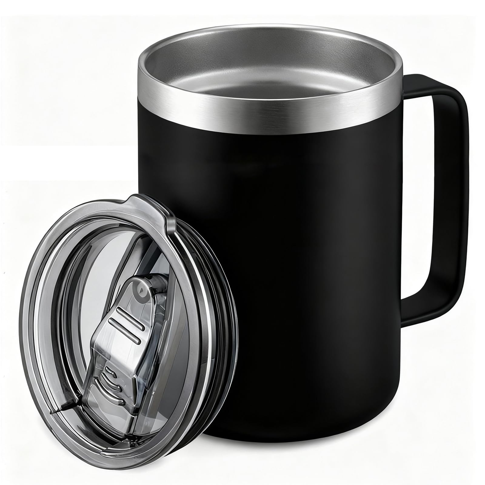Senshuomy Thermal Mug, Insulated Mug with Handle and Sliding & Straw Lid, Leakproof Reusable Double Walled Vacuum Stainless Steel Travel Camping Coffee Cup,Dishwasher Safe (Black/16oz)