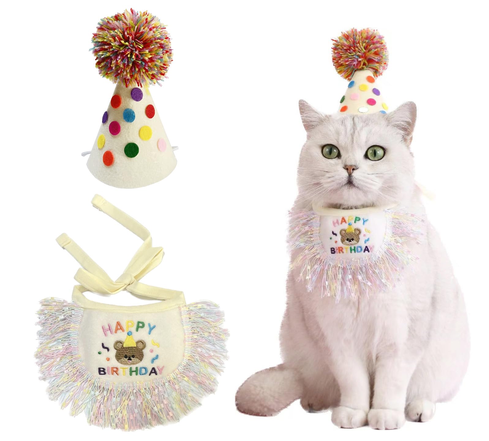 Cat Birthday Bandana Scarf and Party Hat Cute Tassels Bib Scarf and Birthday Hat Cat Birthday Party Decorations Set