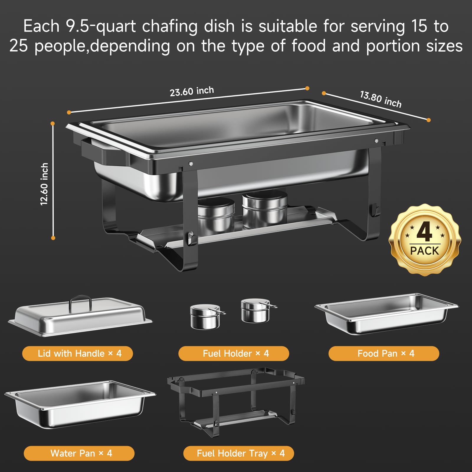 Scaldavivande per buffet, confezione da 4 pezzi, scaldavivande in acciaio inossidabile di alta qualità, set completo, manico in acciaio, set completo di scaldavivande da buffet per catering, eventi