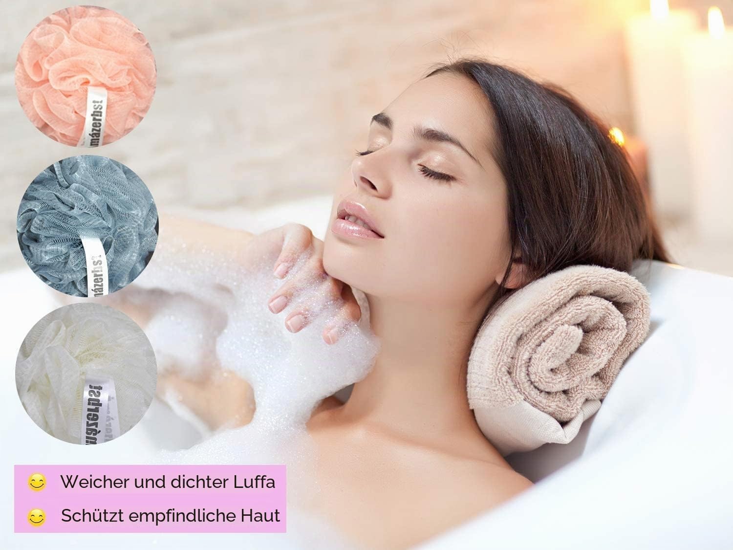 Amazerbst loofah Shower Puff for Women and Men, Soft Body Scrubber Bath Sponge Set of 3 (Pink White Blue)