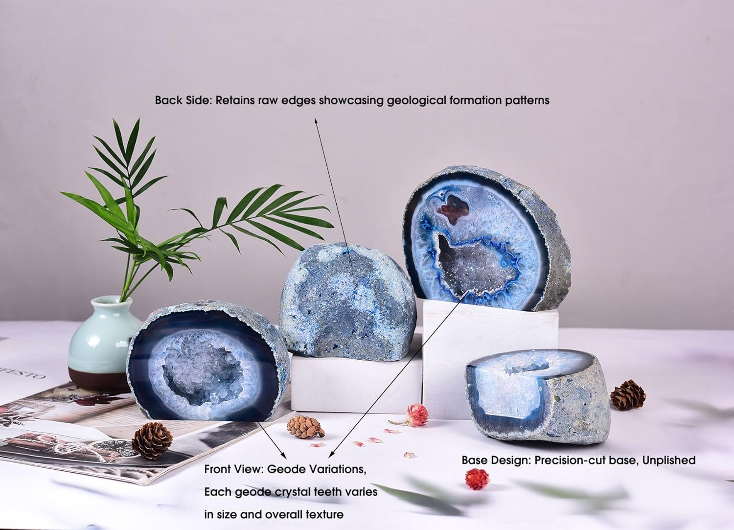 AMOYSTONE Small Blue Agate Geode Decor Natural Agate Crystal Rock for Healing, Unique Irregular Stone for Bedroom, Office, Desk (1-1.5 Lbs)