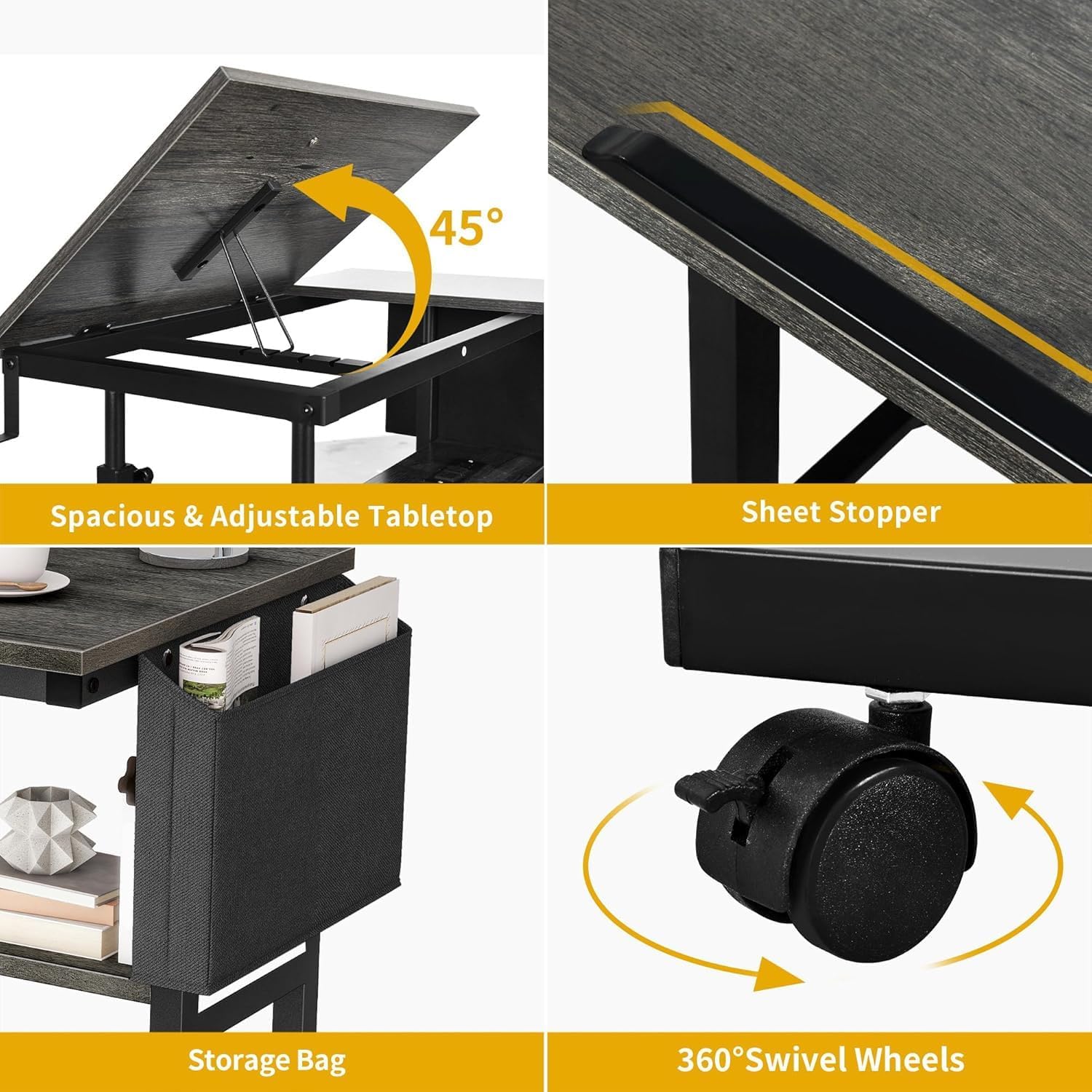 DWVO Height Adjustable Drawing Desk with Charging Station & Wheels, Rolling Craft Table with Tilting Top Tabletop and Storage Bag, Small Standing & Sitting Laptop Computer Desk (Grey)