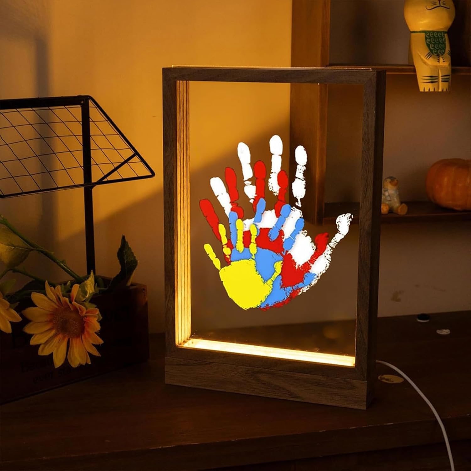 Kit Impronta Mano Famiglia con Lucietta LED, Spazio per 4 Persone, Kit Impronta Mano e Piede Bebè, Impronta Neonato, Cornice in Legno da Creare per Regalo