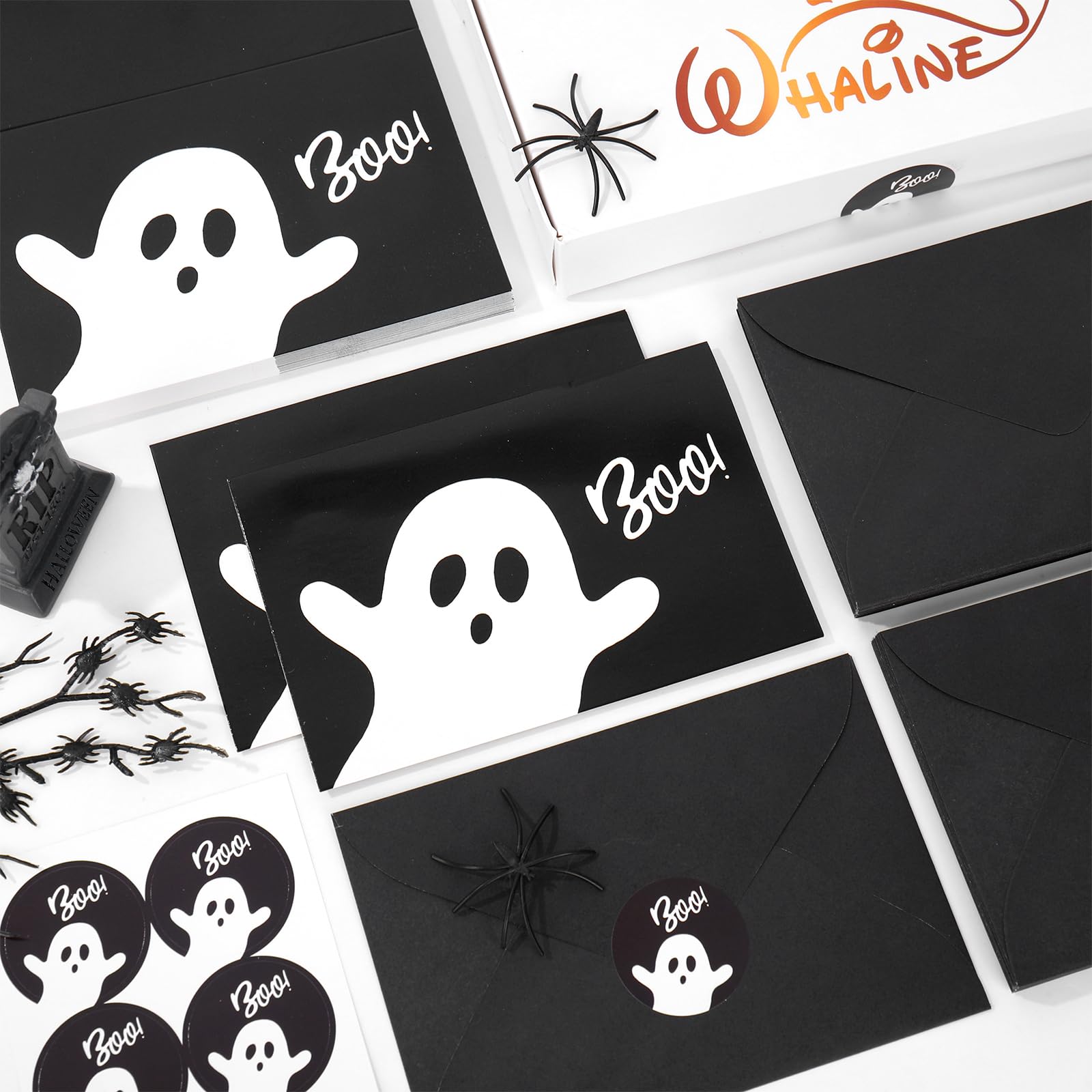 Whaline Lot de 50 cartes de vœux d'Halloween avec enveloppes et autocollants pour Halloween, anniversaire, fête prénatale, 10,2 x 15,2 cm