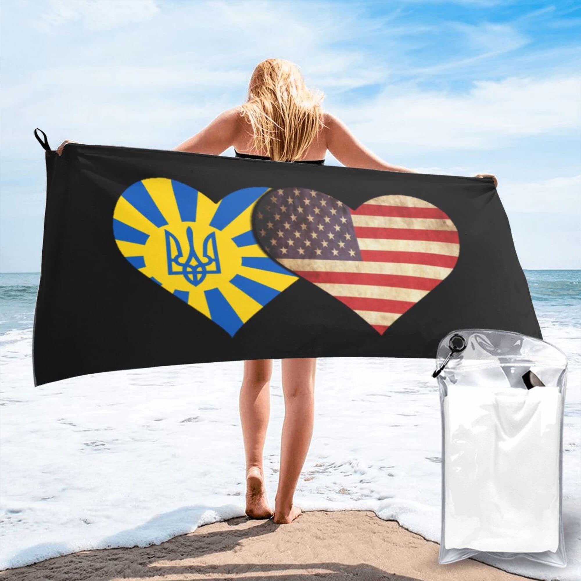 Lsjuee Ukrainian Flag and American Flag Microfiber Beach Towel-Quick Dry Oversized Towels Blanket for Travel Pool Camping